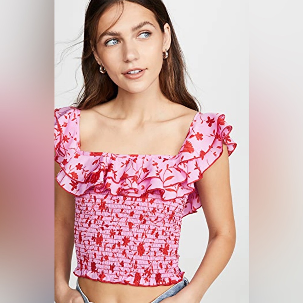 LIKELY Athena Pink and Red Floral Ruffle Smocked Top / Blouse